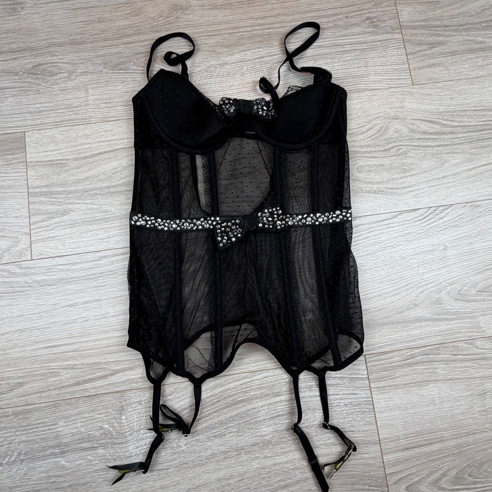 Victoria's Secret Black Sheer Rhinestone Bow Corset Bustier Garter Lingerie Sz M